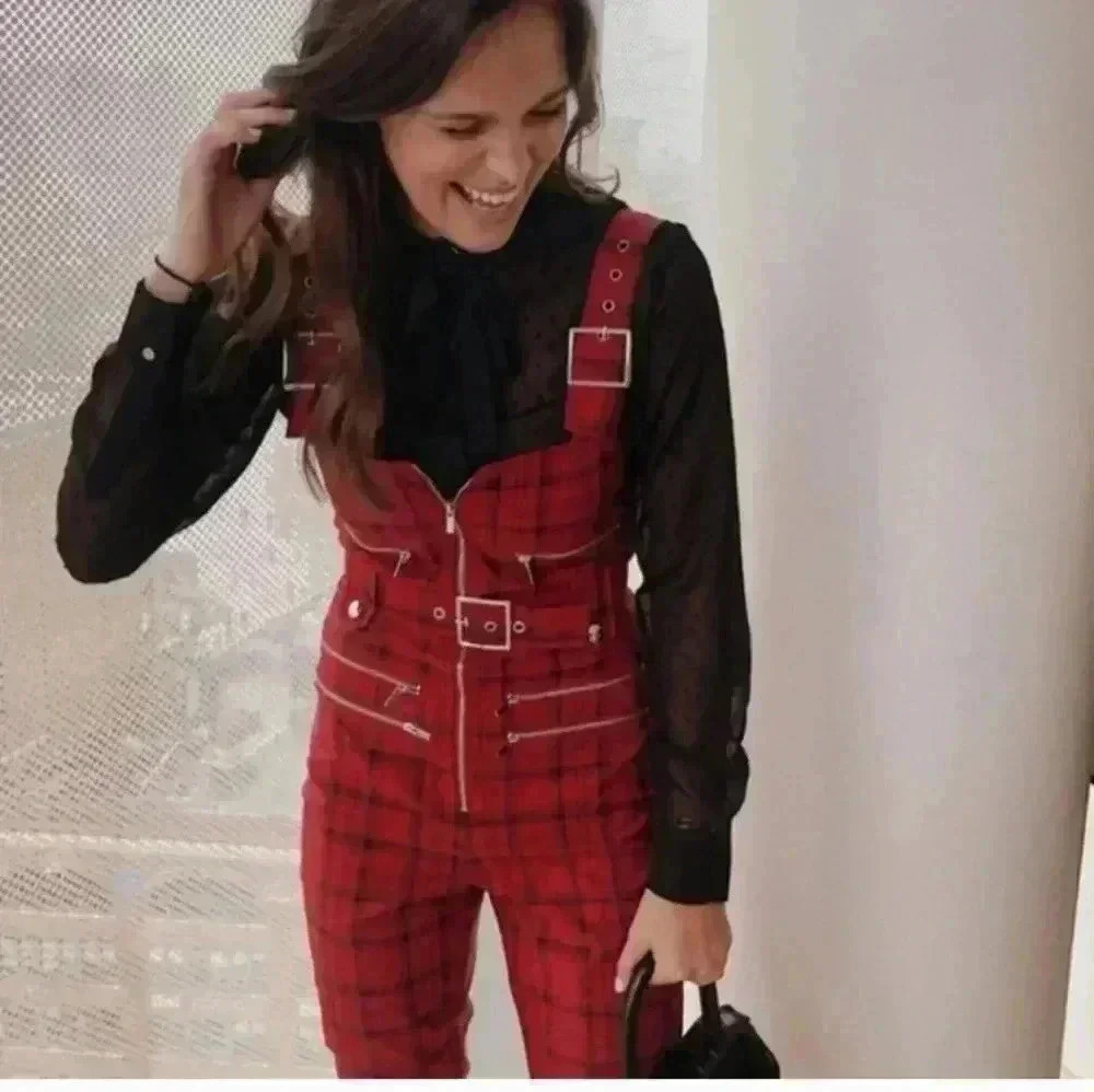 WE WORE WHAT Women's Moto Overalls Plaid Pompeian Red SMALL - Picture 2 of 5